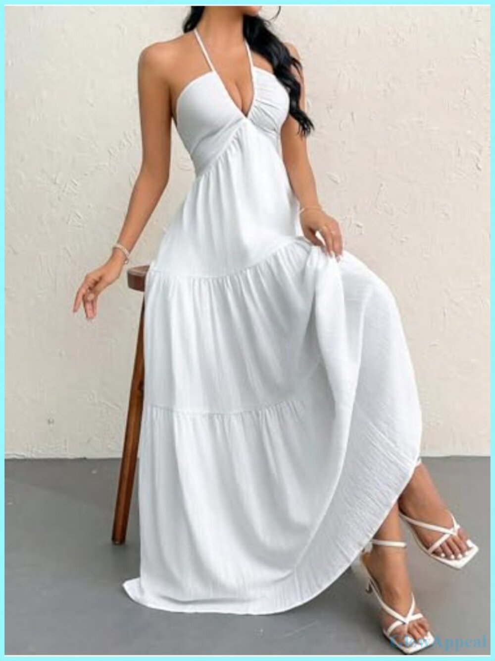 Halter V Neck Maxi Dress A-Line Casual Summer Vacation Beach Dress - Picture 3 of 6